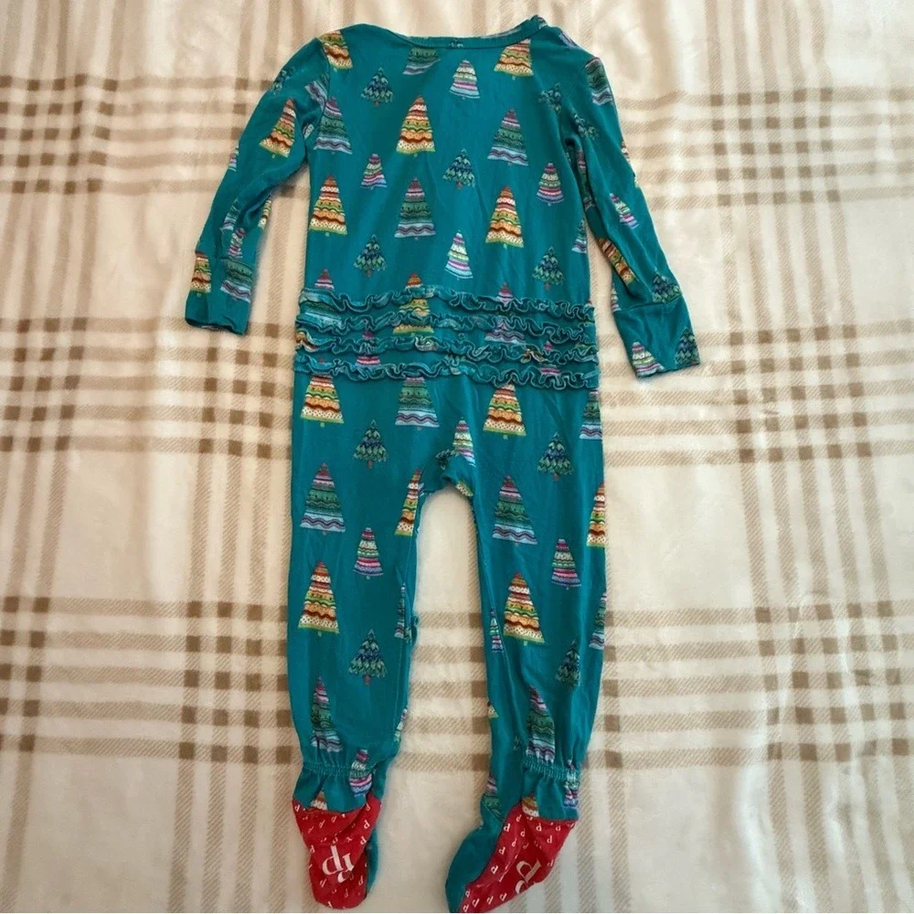 Posh Peanut Christmas Tree Ruffle Footie Sleeper Teal Bamboo 12-18 Months